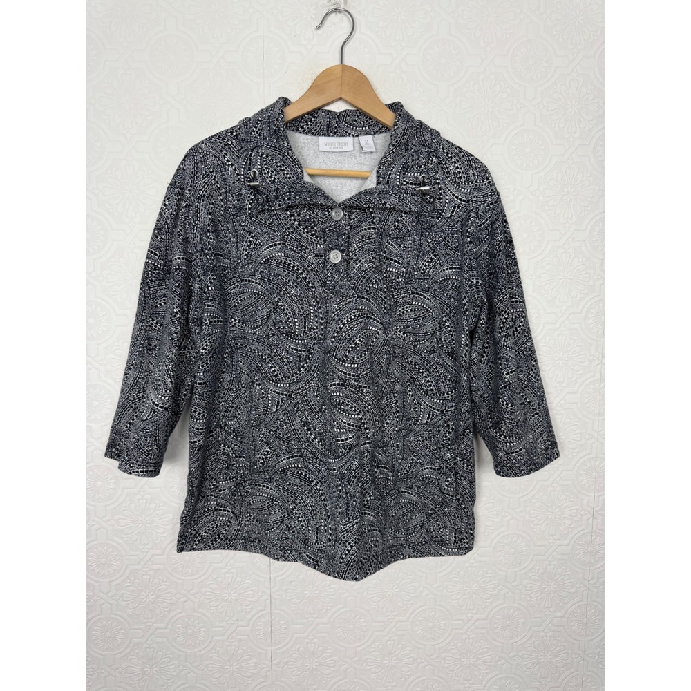 Chico's Black White Paisley Mosaic French Terry Pullover Top Size 2